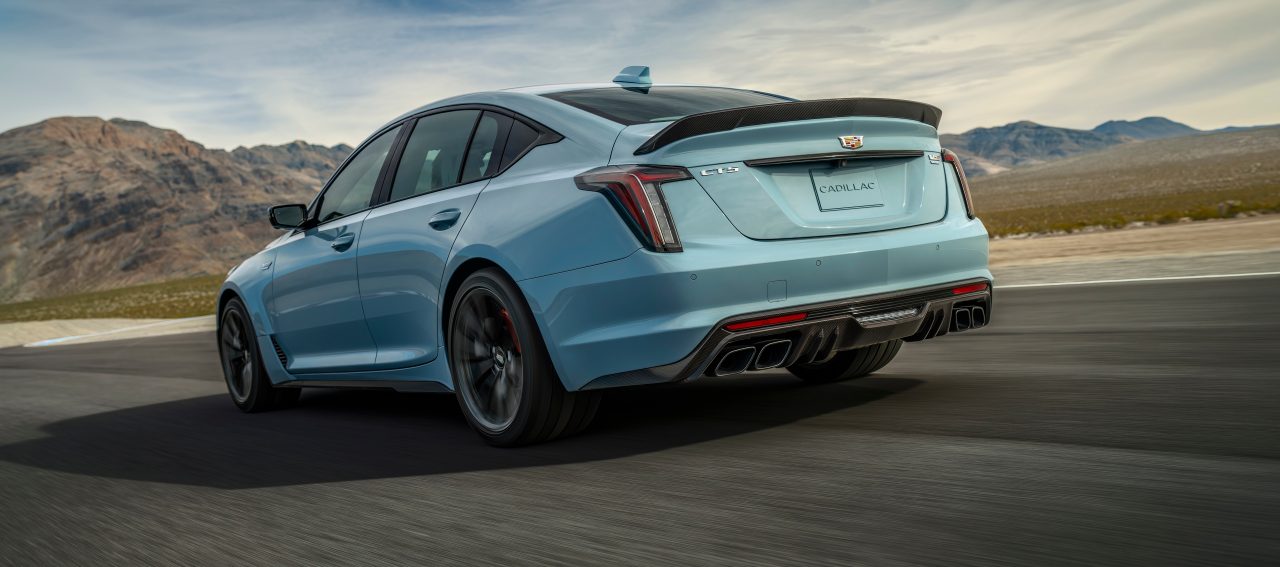 2025 Cadillac CT5-V Blackwing in white rear 3/4 driver side view